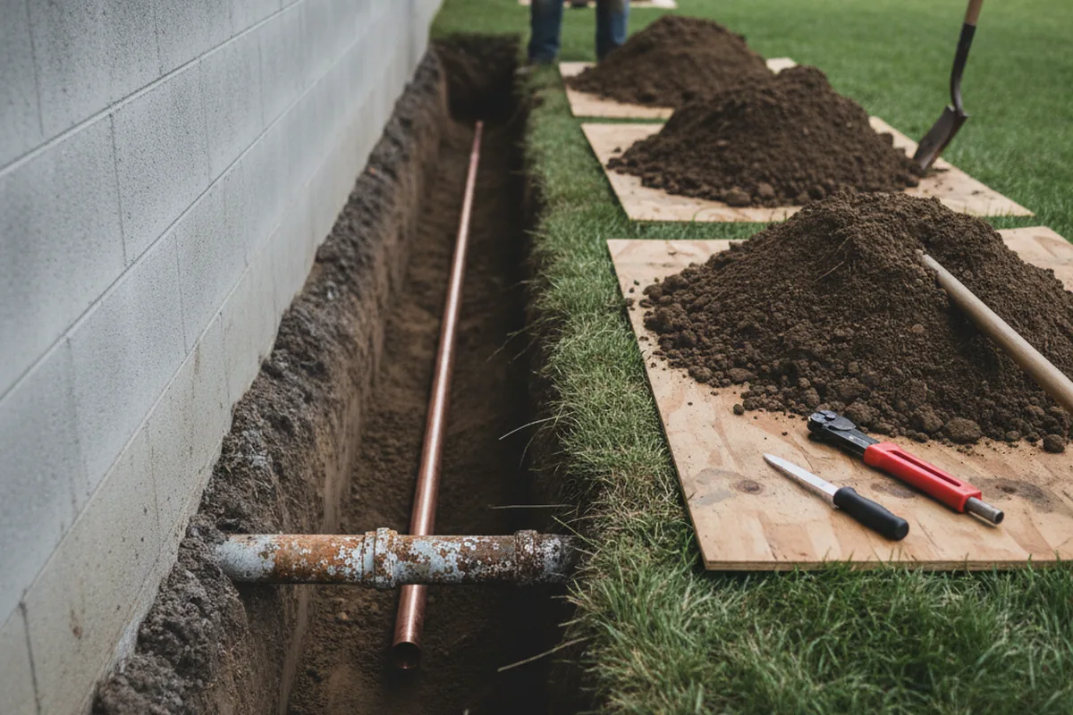 Excavated water line trench during Water Heater Repair in Hilo